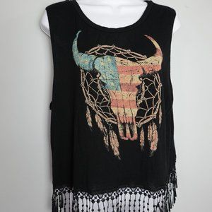 Black Fringe cow skull- America Tank top- XL